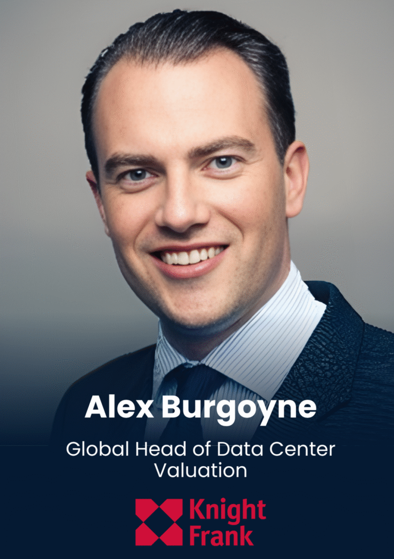 Portrait of Alex Burgoyne smiling, wearing a suit and striped shirt, with the title 'Global Head of Data Center Valuation' and Knight Frank logo visible below.