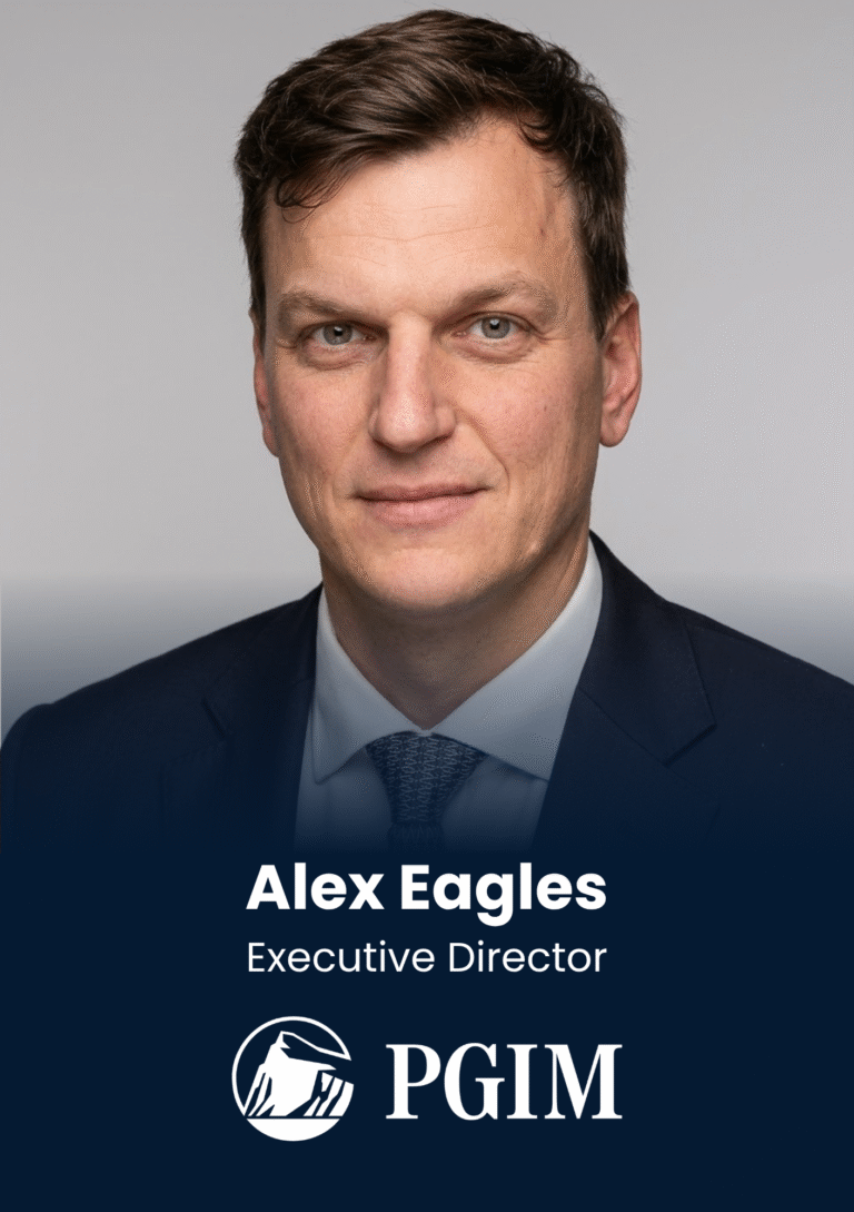 Portrait of Alex Eagles in a navy suit, gray background, labeled Executive Director for PGIM profile