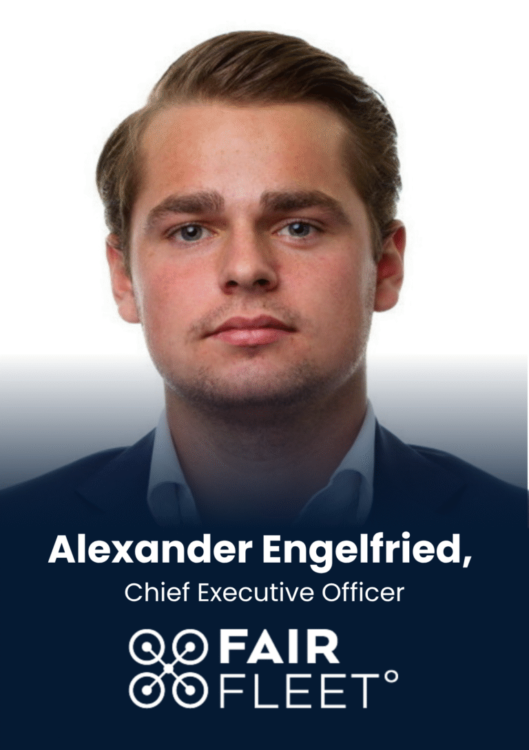 Portrait of Alexander Engelfried, Chief Executive Officer, shown in a formal head-and-shoulders portrait with a navy banner displaying his name and title.