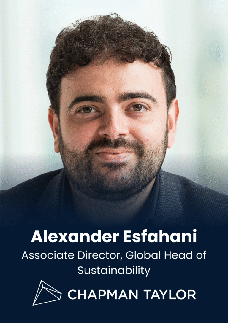 Portrait headshot of Alexander Esfahani, Associate Director and Global Head of Sustainability, with Chapman Taylor branding.