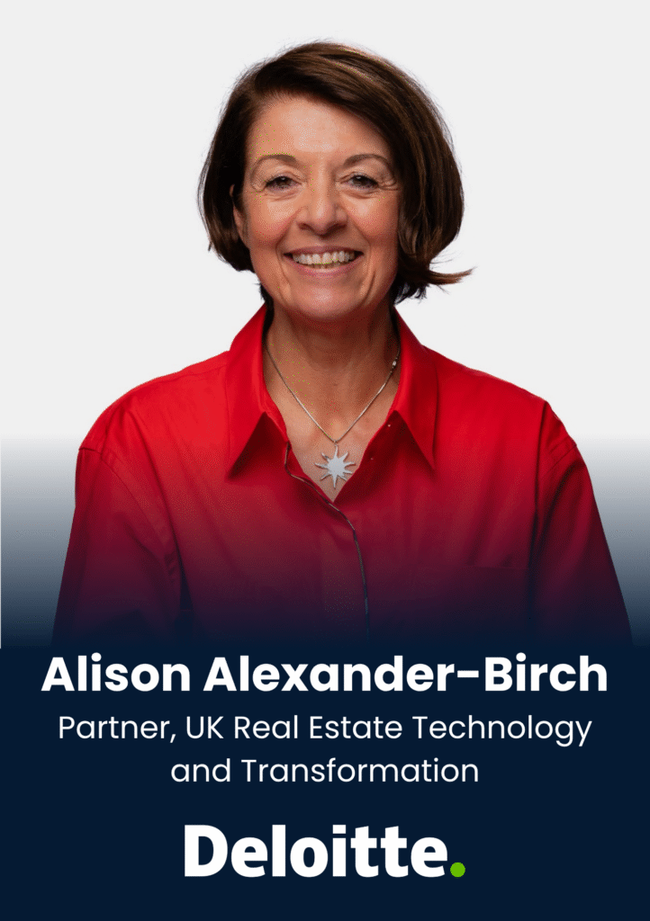 Portrait of Alison Alexander-Birch, Deloitte partner, smiling in a red shirt on a speaker card.