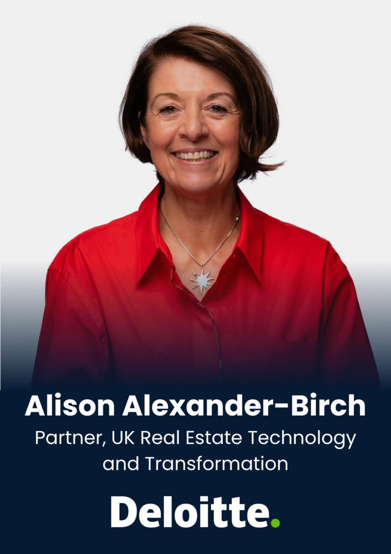Portrait of Alison Alexander-Birch, Deloitte partner, smiling in a red shirt on a speaker card.