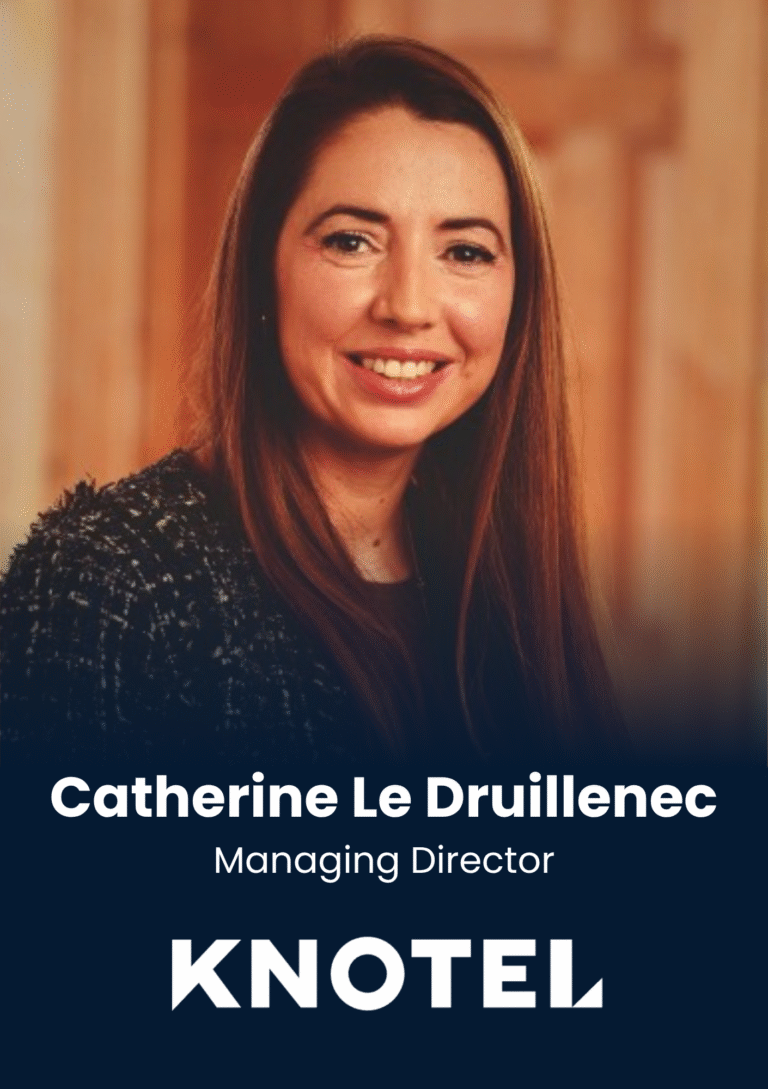 Portrait of Catherine Le Druillenec, Managing Director, with KNOTEL on a dark blue banner