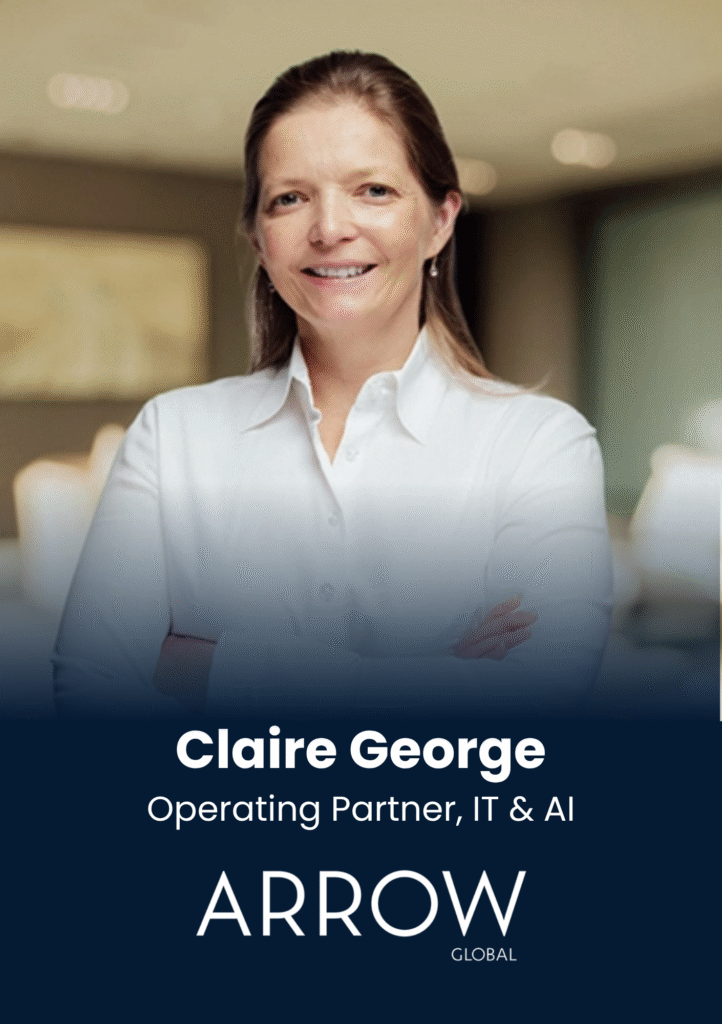 Portrait of Claire George, operating partner IT & AI, smiling in a white shirt in a professional setting.