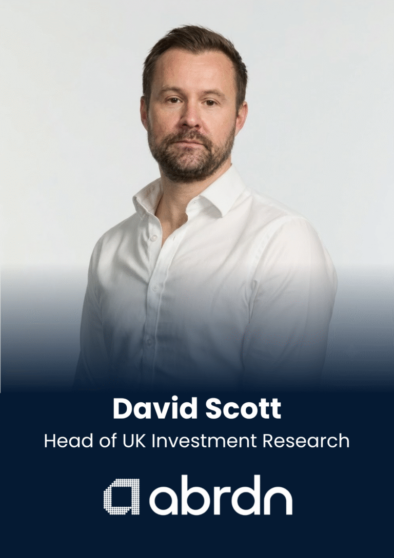 Portrait of David Scott, Head of UK Investment Research, with the abrdn logo on a dark banner behind him.