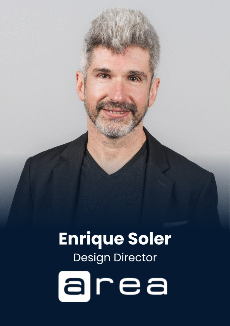 Portrait of Enrique Soler, Design Director, in a dark blazer with the Area logo visible at the bottom.