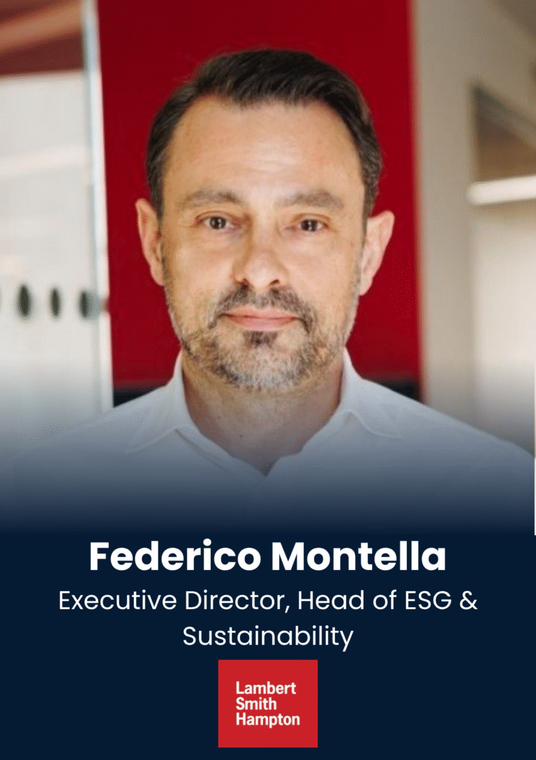 Portrait of Federico Montella, Executive Director and Head of ESG & Sustainability, against a dark blue background with a red accent and logo below.