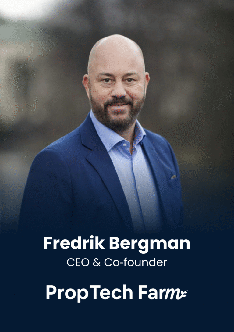 Portrait of Fredrik Bergman, CEO and Co-founder, PropTech Farms, wearing a blue suit and light blue shirt.