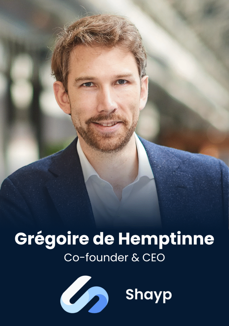 Portrait of Grégoire de Hemptinne, Co-founder & CEO, in a navy blazer with Shapy branding at the bottom of the image