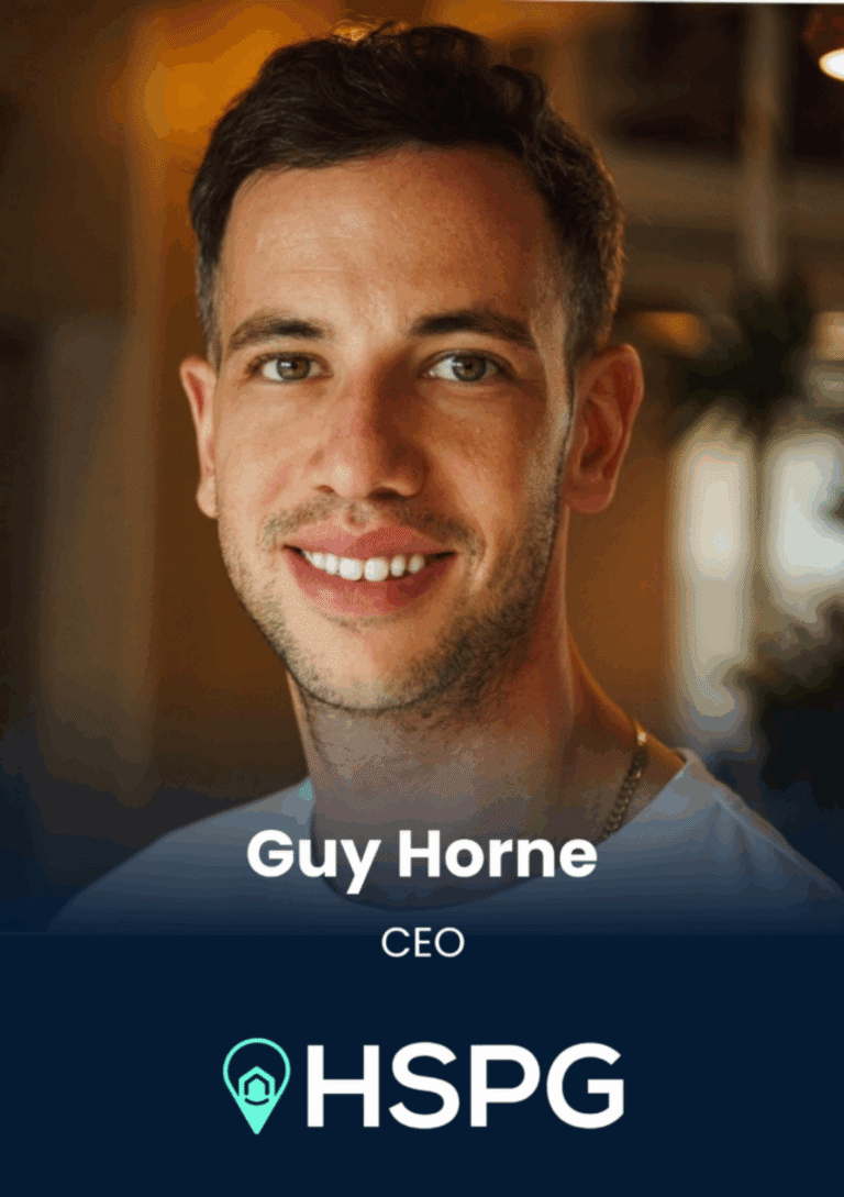 Profile photo of Guy Horne, CEO of HSPG, smiling against a dark backdrop with the company logo visible below.