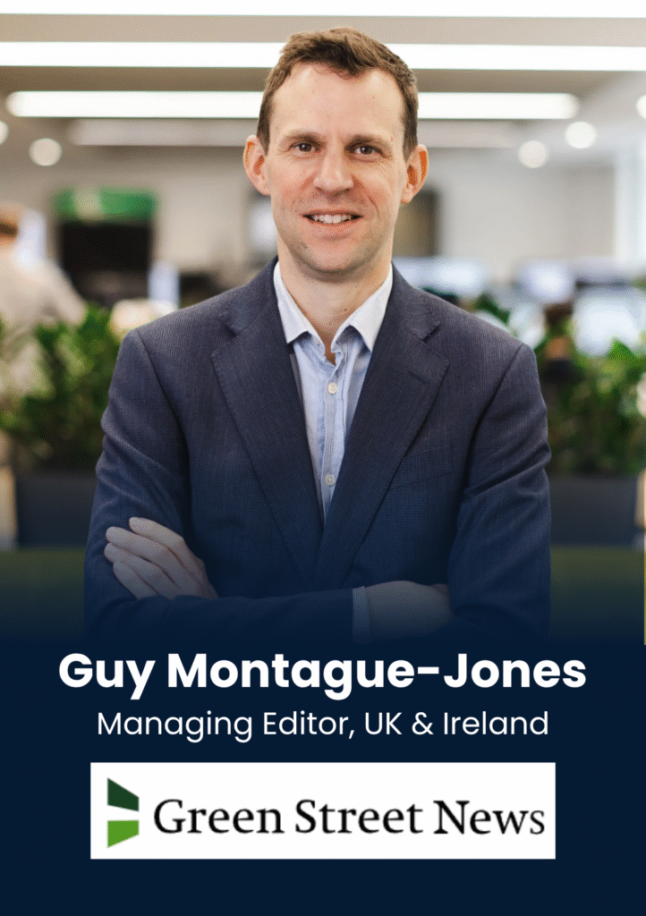 Portrait of Guy Montague-Jones, Managing Editor, UK & Ireland, in an office with the Green Street News banner at the bottom.