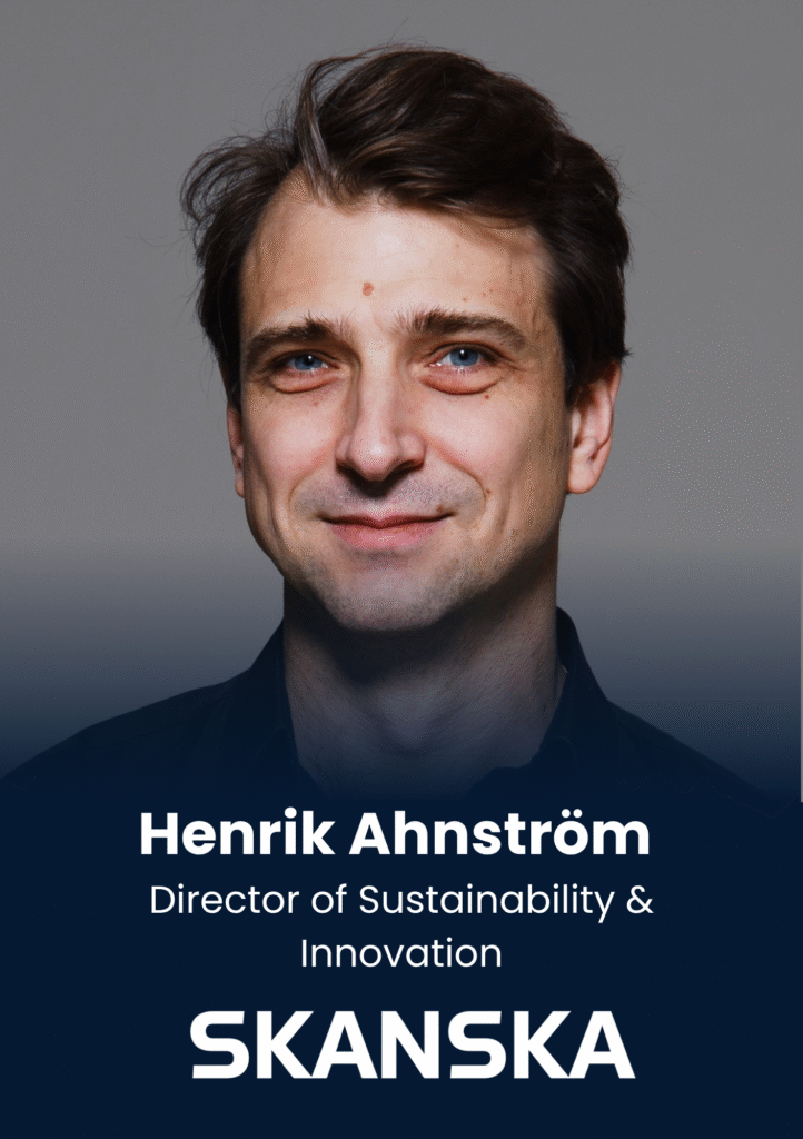 Head-and-shoulders portrait of Henrik Ahström, smiling, with a dark shirt and a gradient background, for a professional profile (Director of Sustainability & Innovation, Skanska).