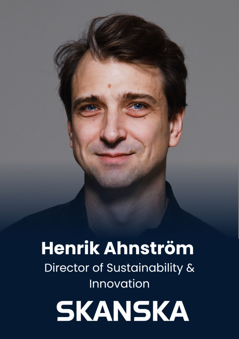 Head-and-shoulders portrait of Henrik Ahström, smiling, with a dark shirt and a gradient background, for a professional profile (Director of Sustainability & Innovation, Skanska).