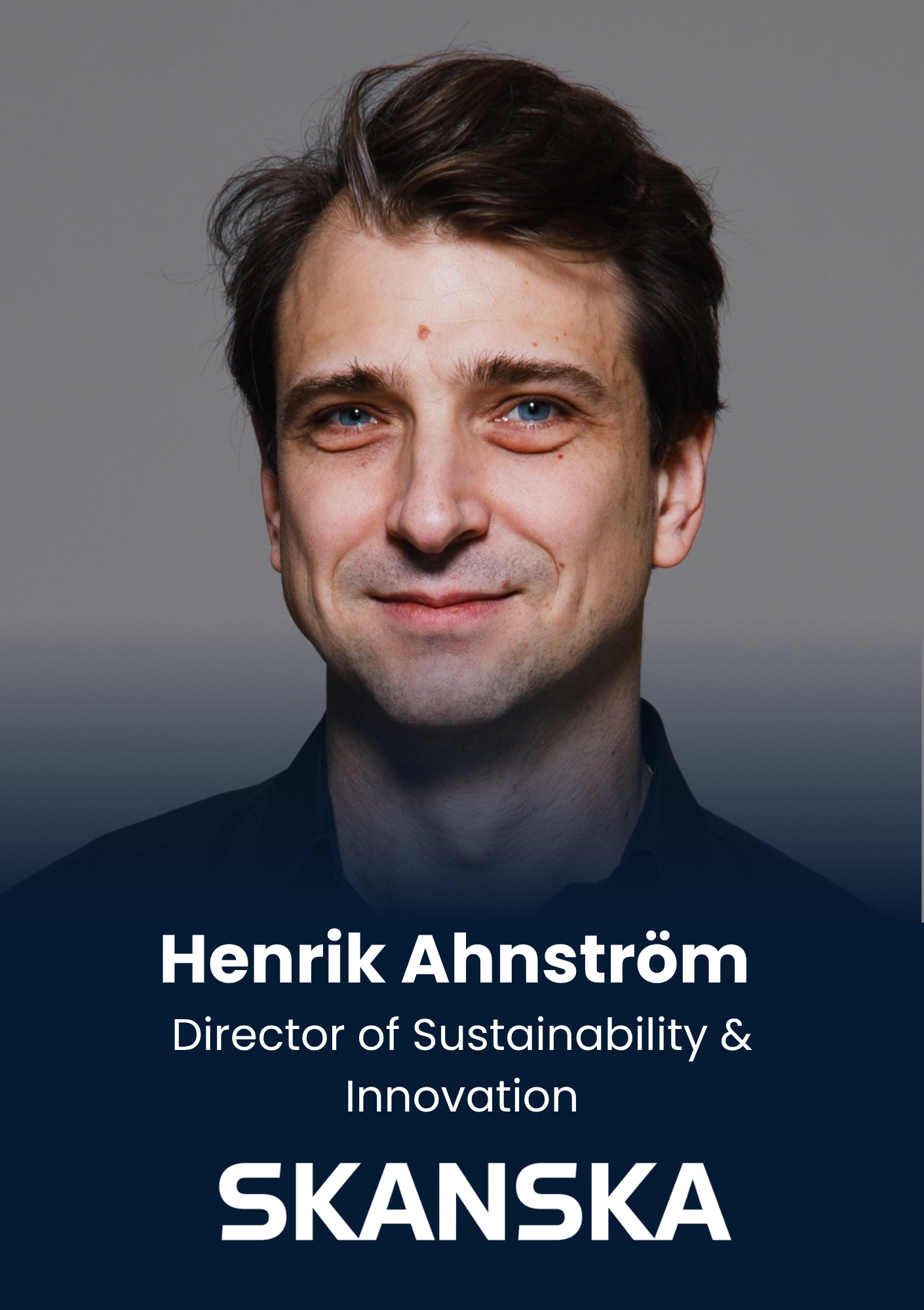 Head-and-shoulders portrait of Henrik Ahström, smiling, with a dark shirt and a gradient background, for a professional profile (Director of Sustainability & Innovation, Skanska).