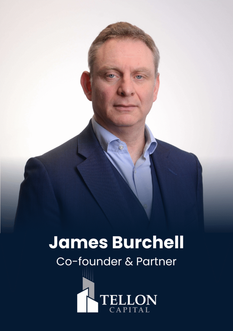 Professional headshot of James Burchell in a navy suit, co-founder and partner at Tellon Capital, with the company logo below.