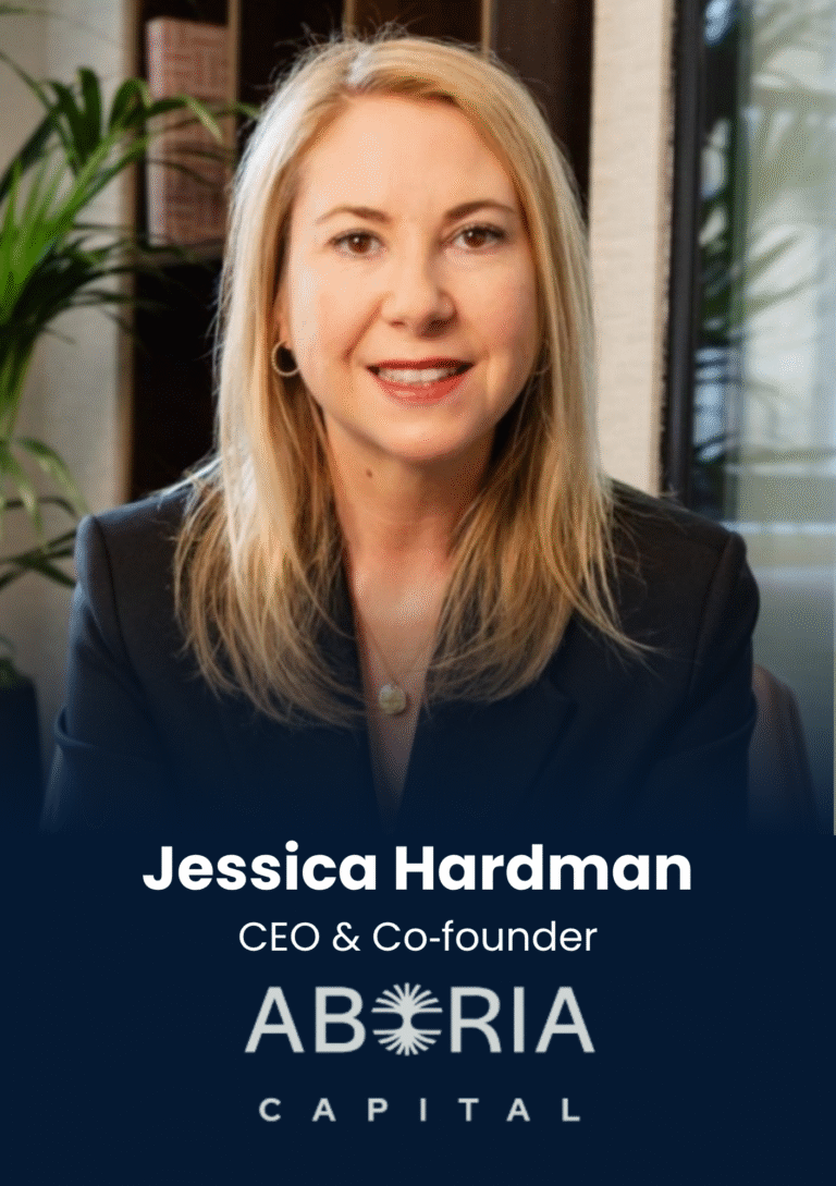Portrait of Jessica Hardman, CEO & Co-founder, in a professional blazer with ABORIA Capital logo below
