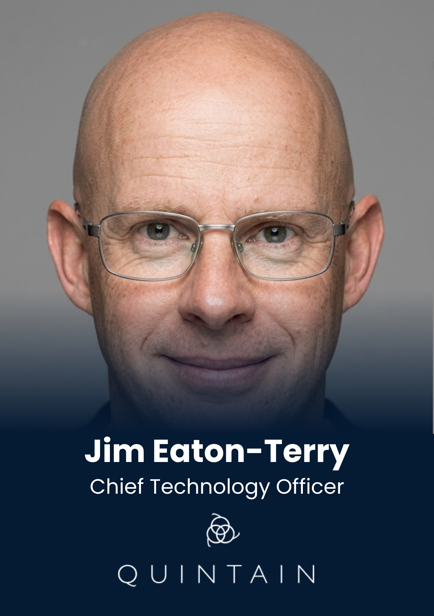 Head-and-shoulders portrait of a bald man with glasses, neutral background and a dark blue banner displaying 'Chief Technology Officer'.