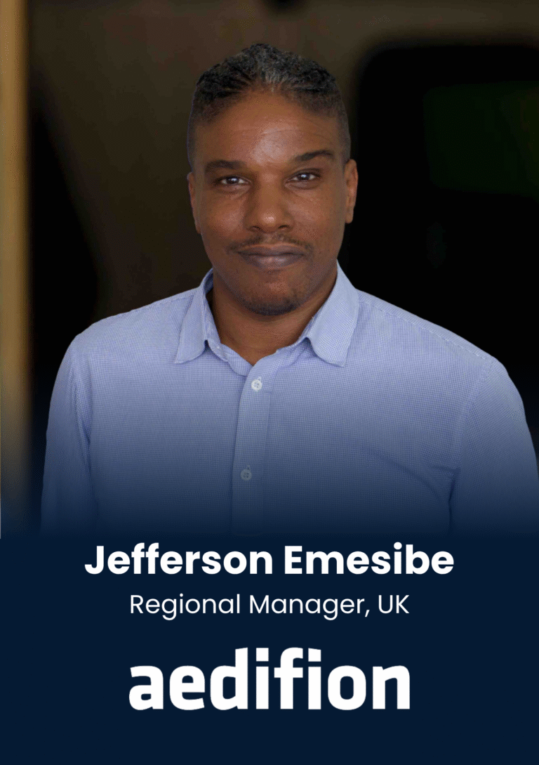 Portrait of Jefferson Emesibe with the title 'Regional Manager, UK' on a dark blue banner, suggesting a profile card or header.