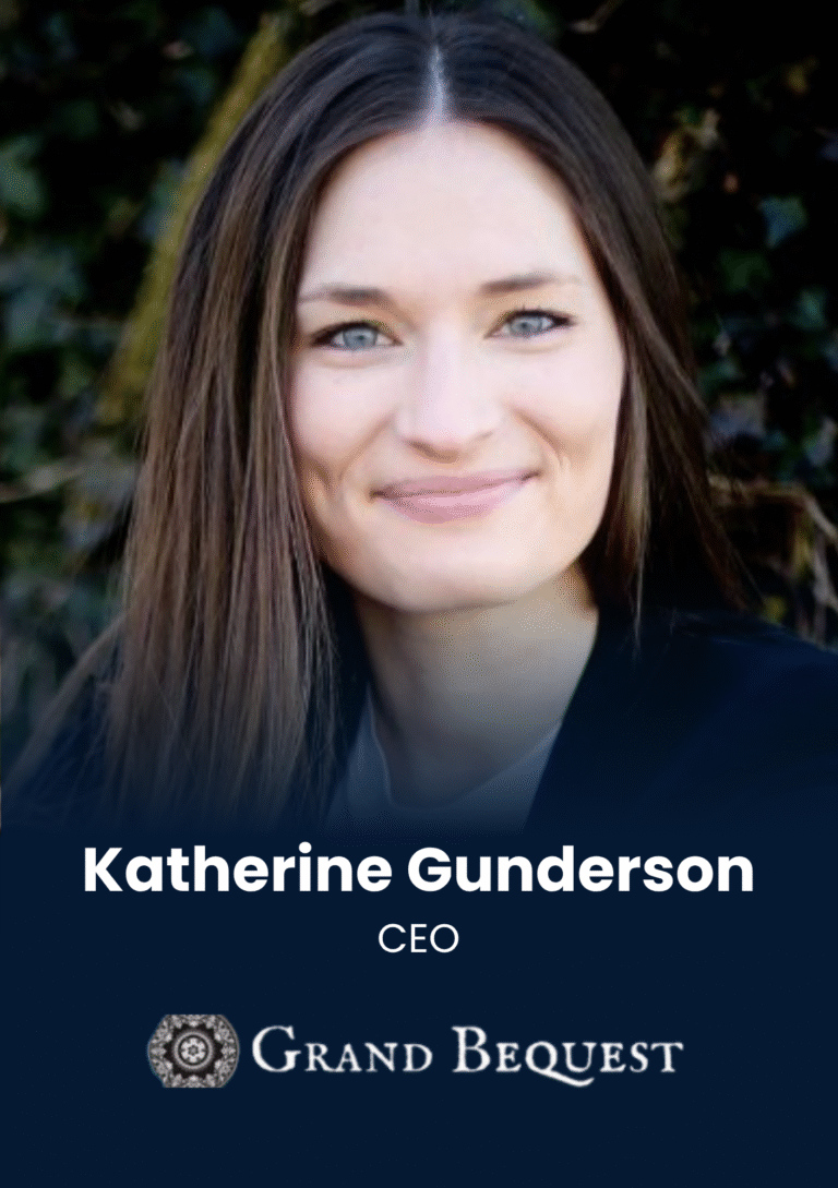 Headshot of Katherine Gunderson, CEO, with a dark blue banner and Grand Bequest logo visible below
