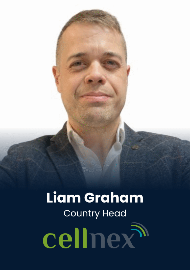 Portrait of Liam Graham, Country Head, on a profile card with the Cellmex logo in the background/foreground.