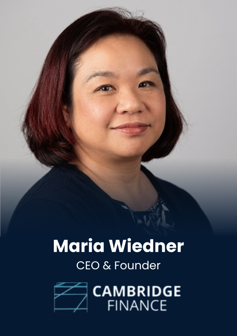 Professional headshot of Maria Wiedner, CEO & Founder, smiling in a navy top with the Cambridge Finance logo beneath.