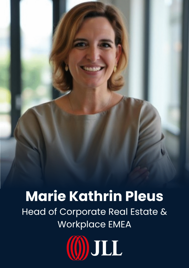 Portrait of Marie Kathrin Pleus smiling in a professional setting with text overlay of her name and title and the JLL logo at the bottom.