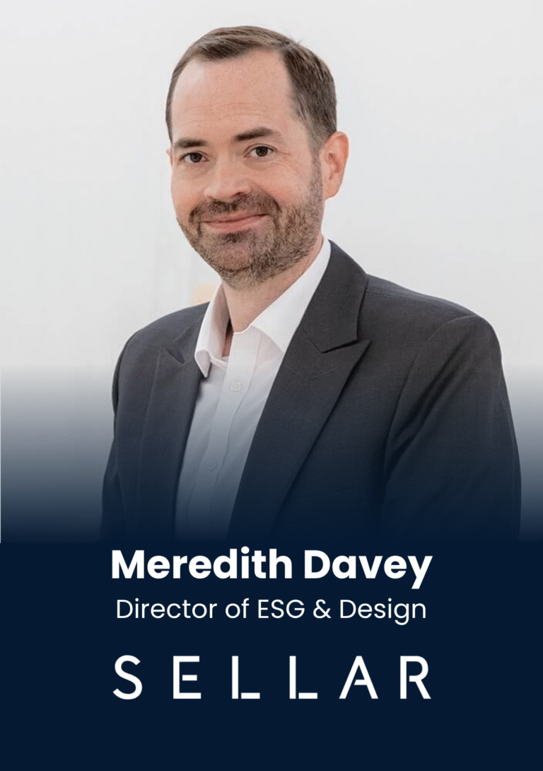 Portrait of Meredith Davey, Director of ESG & Design, smiling in a dark suit against a gradient blue banner