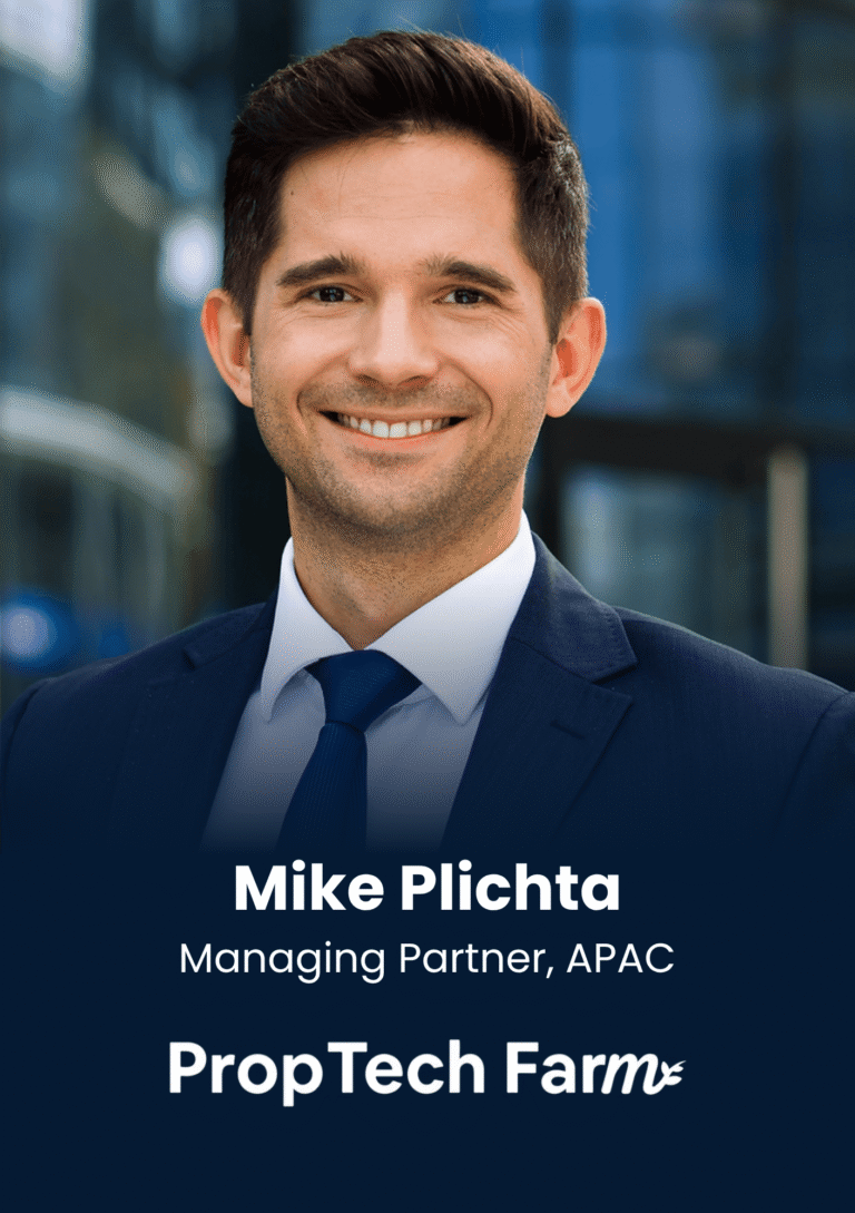 Portrait of Mike Plichta in a navy suit, smiling; overlay text shows his name and title: 'Mike Plichta, Managing Partner, APAC' for PropTech Farm.