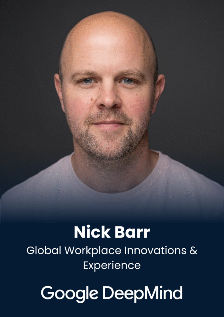 Portrait of Nick Barr with blue eyes and light stubble against a dark gradient backdrop; overlay text shows the name 'Nick Barr' and the title 'Global Workplace Innovations & Experience'.