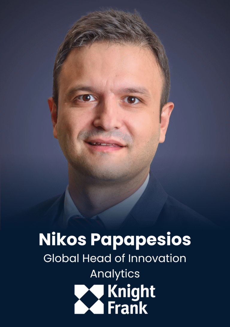 Portrait of a man in a suit, smiling, with a dark blue gradient background and text reading 'Nikos Pappasies, Global Head of Innovation Analytics, Knight Frank' and the Knight Frank logo.