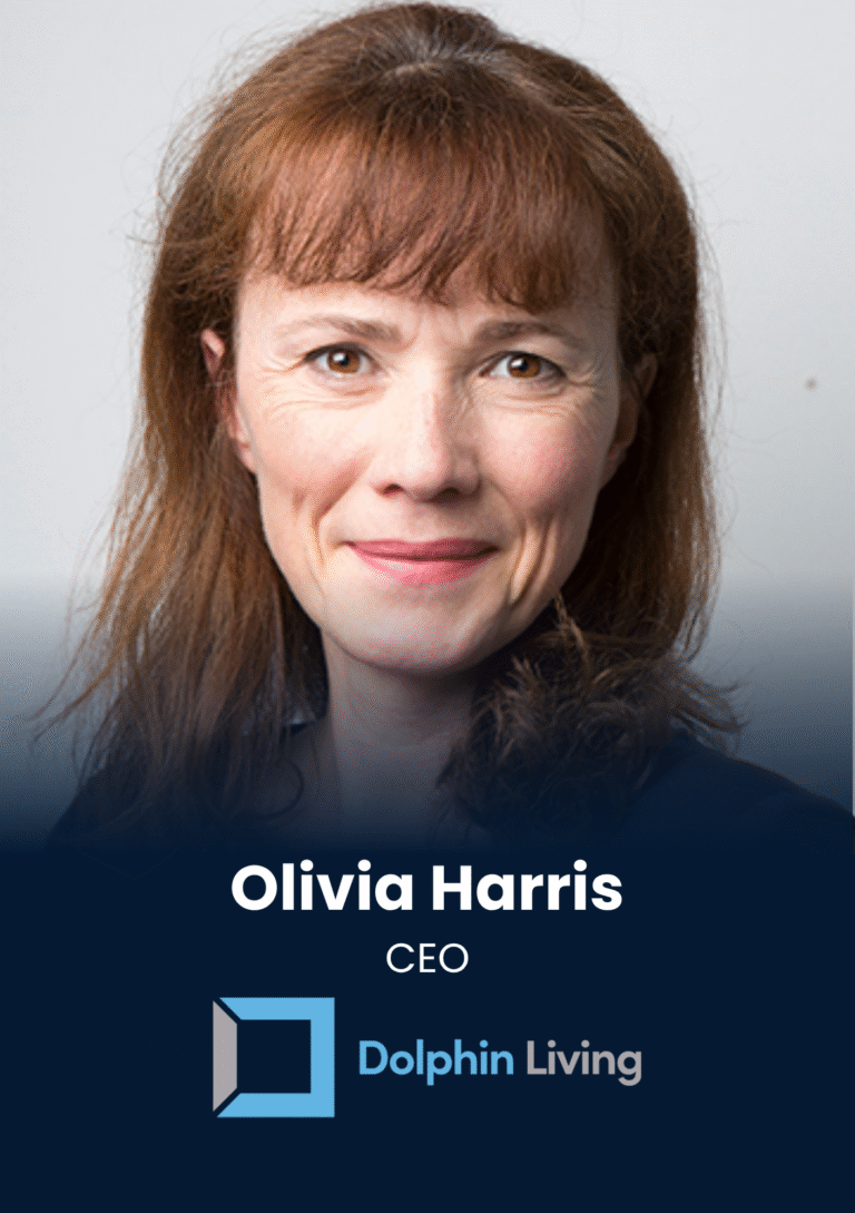 Portrait of Olivia Harris, smiling, identified as CEO, with the Dolphin Living logo on a dark blue background.