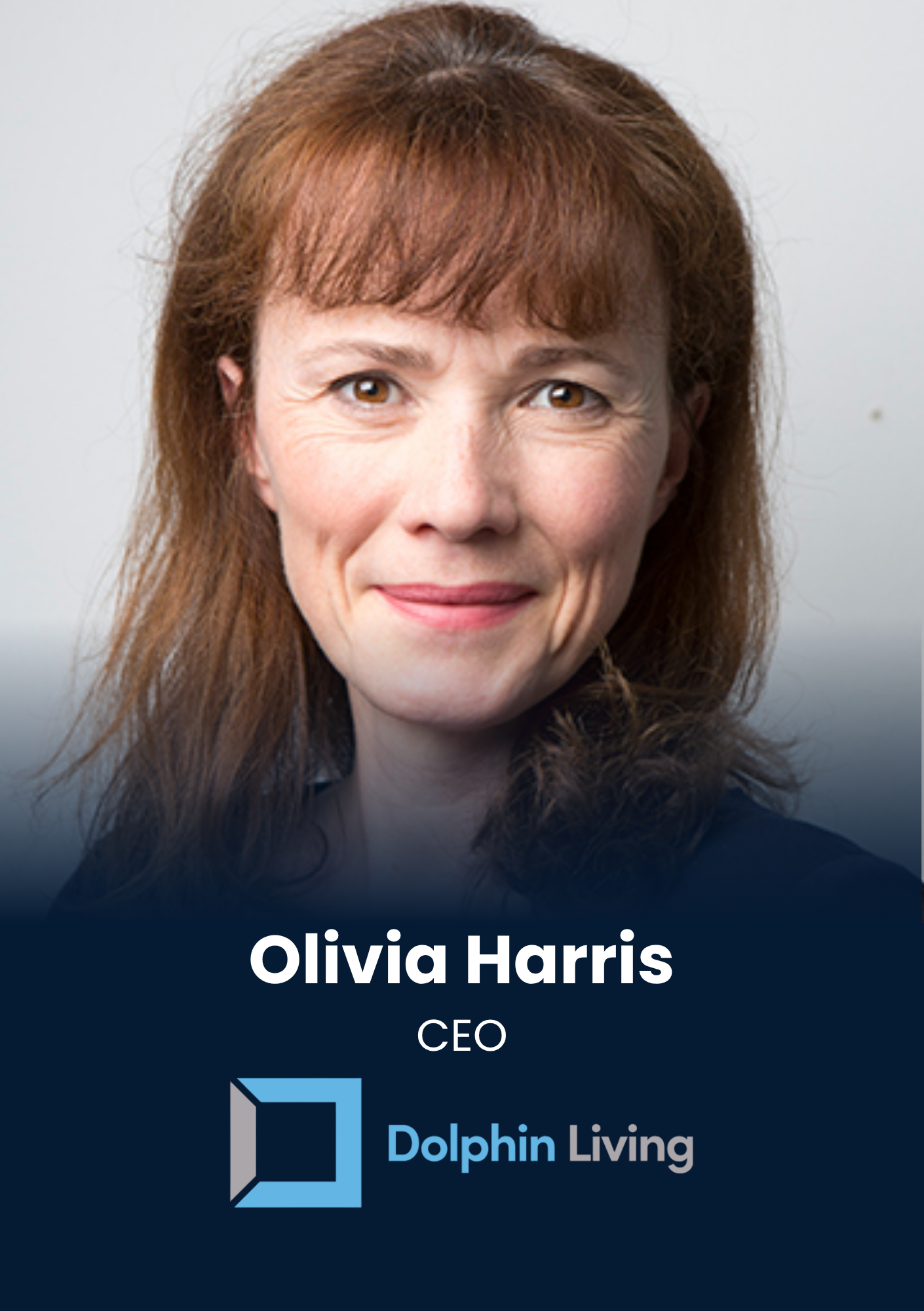 Portrait of Olivia Harris, smiling, identified as CEO, with the Dolphin Living logo on a dark blue background.