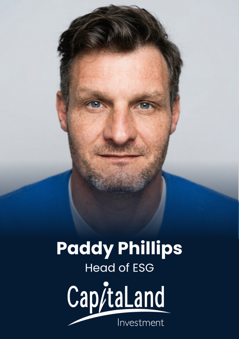 Close-up portrait of a man with blue eyes and stubble, wearing a blue sweater; card shows 'Head of ESG' and 'Capitaland Investment'.