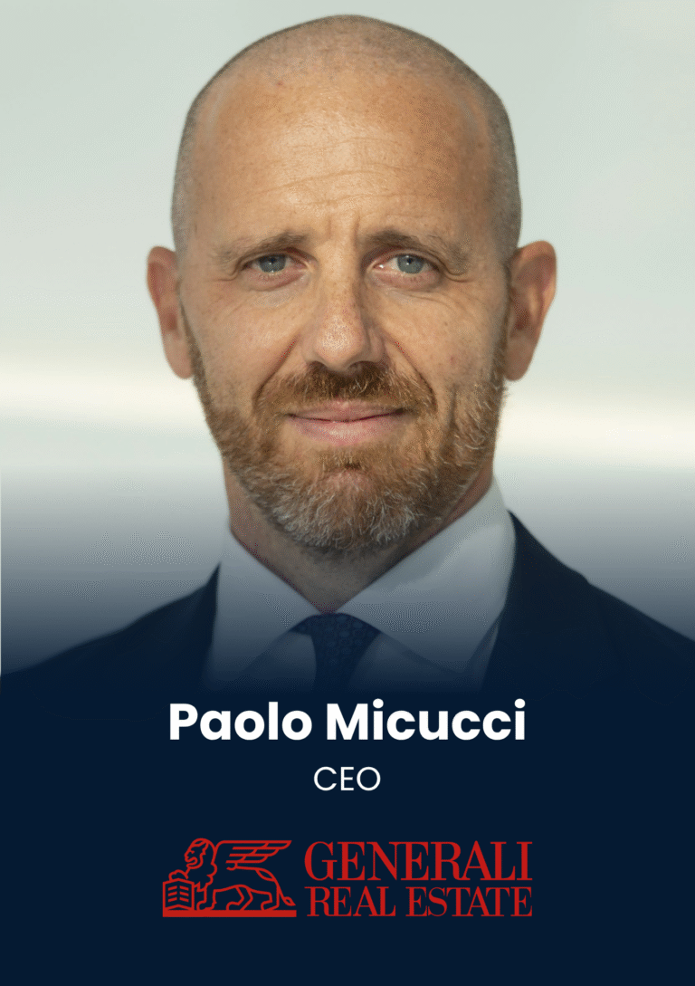 Close-up portrait of Paolo Micucci, CEO, in a suit with a dark blue banner and Generali Real Estate logo at the bottom.