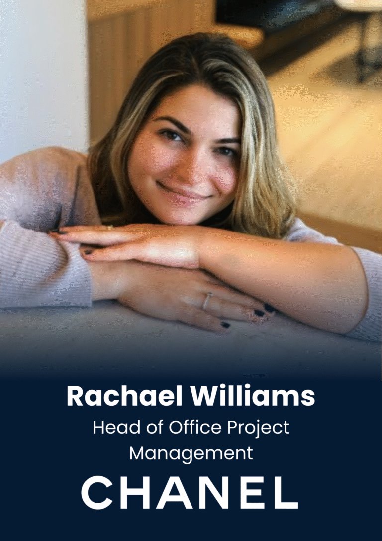 Portrait of Rachel Williams, smiling woman leaning on a table, with the name and title 'Rachel Williams, Head of Office Project Management, Chanel' shown in the lower overlay.