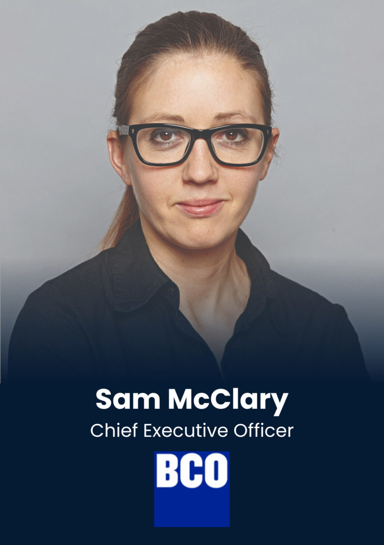 Portrait of Sam McClary, Chief Executive Officer, wearing black glasses against a neutral backdrop, with a dark blue banner and BCO logo at the bottom.