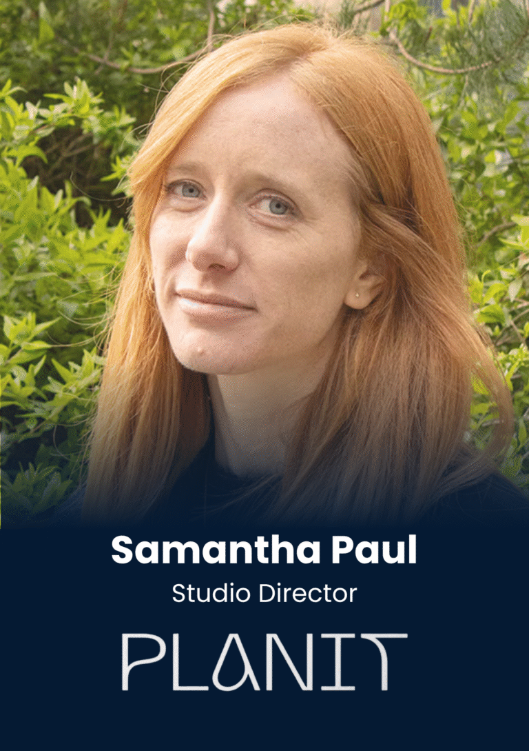 Portrait of Samantha Paul outdoors with green foliage in the background; banner text reads 'Samantha Paul' and 'Studio Director' over a dark blue background with 'PLANET' visible.