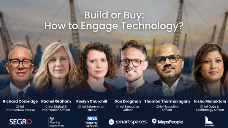 Banner image of six executives posed in front of a city skyline at sunset, with the headline “Build or Buy: How to Engage Technology?” and their names and titles shown below. Includes logos at the bottom (SEGRO, NHS, etc.).