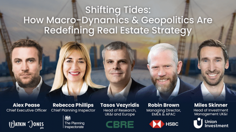 Promo banner showing five real estate executives (Alex Pease, Rebecca Phillips, Tasos Vezyridis, Robin Brown, Miles Skinner) with sponsor logos and the title about shifting tides in real estate strategy.