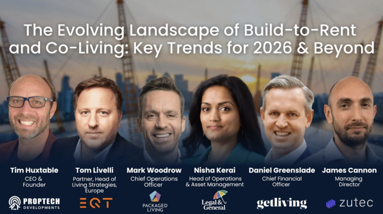 Banner with six business professionals before a city skyline, headline about Build-to-Rent trends for 2026 and beyond, with sponsor logos along the bottom.