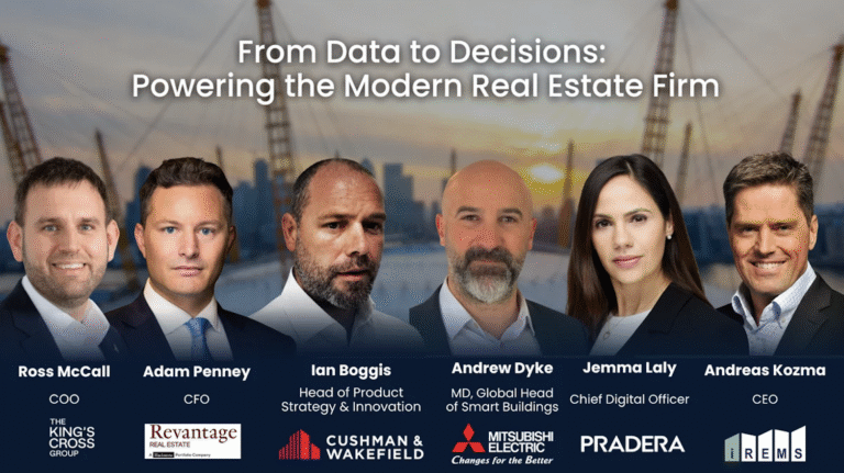 Banner showing six executives in business attire in front of a skyline, with the title 'From Data to Decisions: Powering the Modern Real Estate Firm' above them.