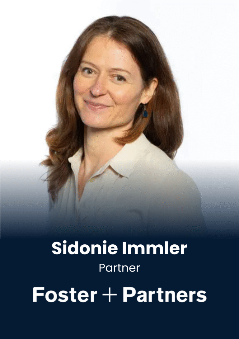 Portrait of Sidonie Immler, Partner at Foster + Partners, smiling in a light shirt against a dark blue banner.