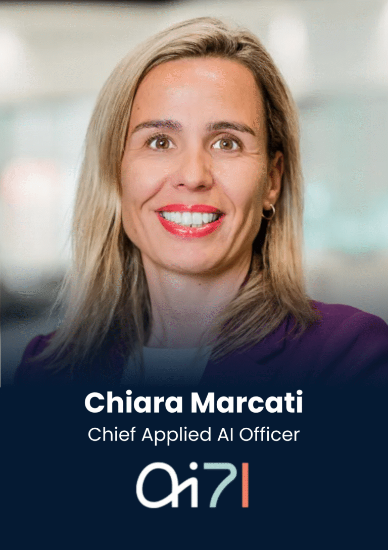 Portrait of Chiara Marcati smiling, wearing a purple blazer, with her name and title shown: Chief Applied AI Officer (hero section).