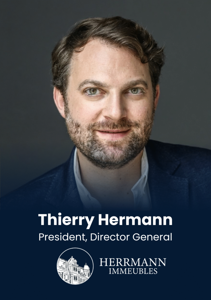 Portrait of Thierry Hermann, President and Director General, against a dark banner with the Herrmann Immobilien logo below.