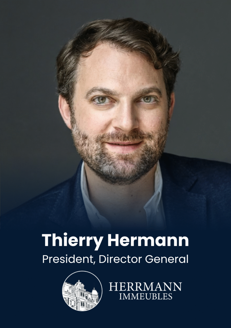 Portrait of Thierry Hermann, President and Director General, against a dark banner with the Herrmann Immobilien logo below.