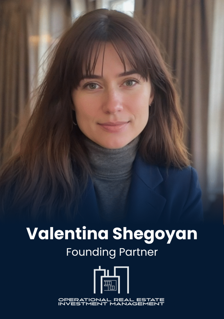 Portrait of Valentina Shegoyan, Founding Partner, with company logo visible below.