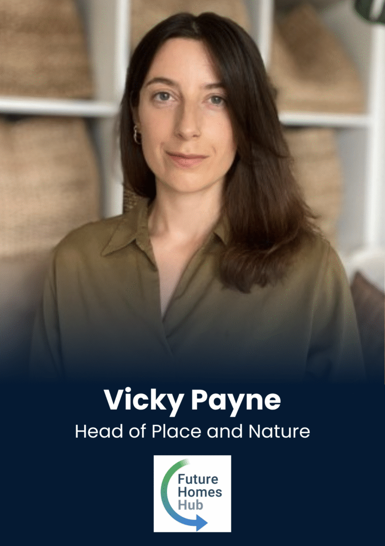 Portrait of Vicky Payne, Head of Place and Nature, with the Future Homes Hub logo in the background.