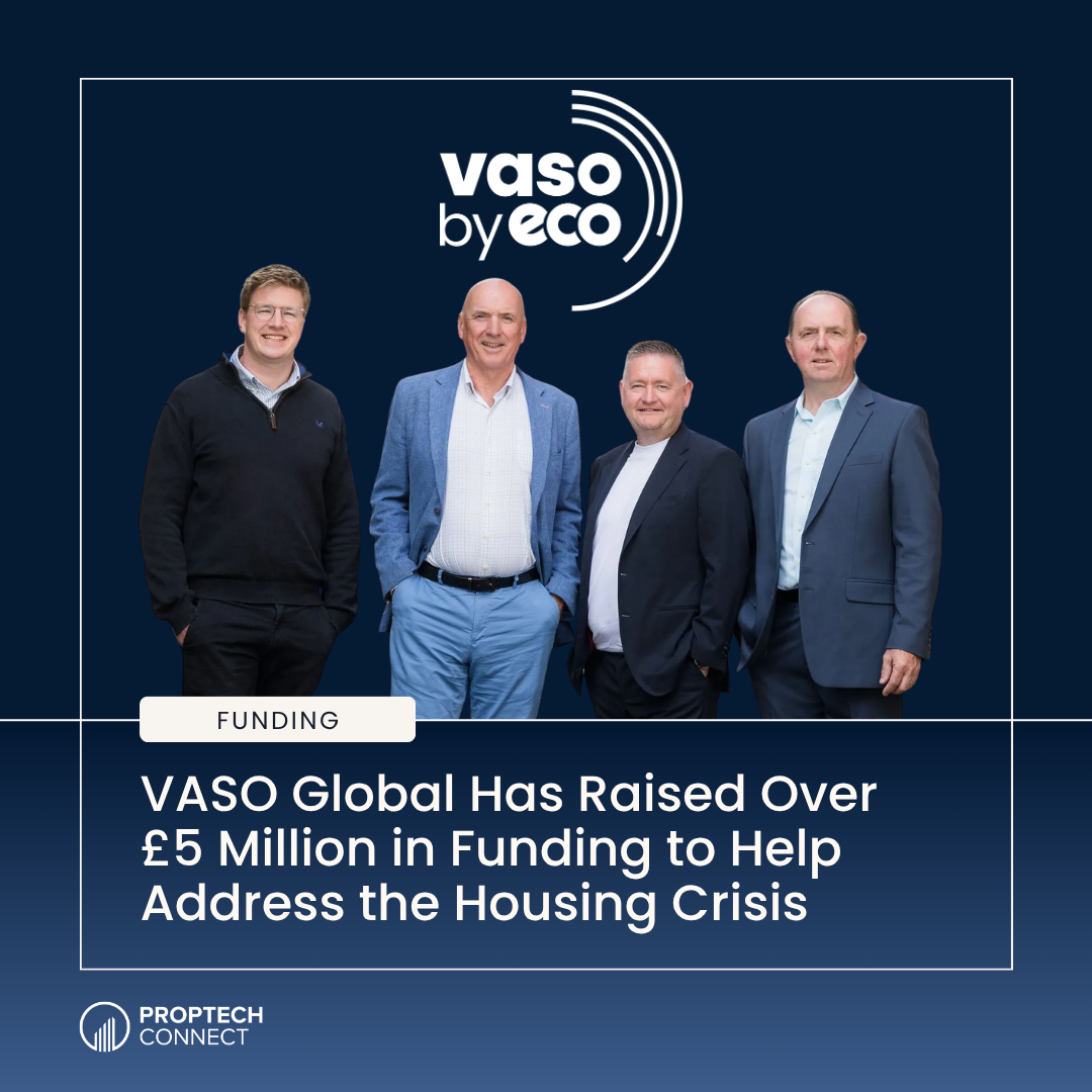 Four men in business attire stand against a dark blue background beneath the 'vaso by eco' logo, with a 'FUNDING' tag and the headline announcing £5 million funding for housing crises (Proptech Connect).”,