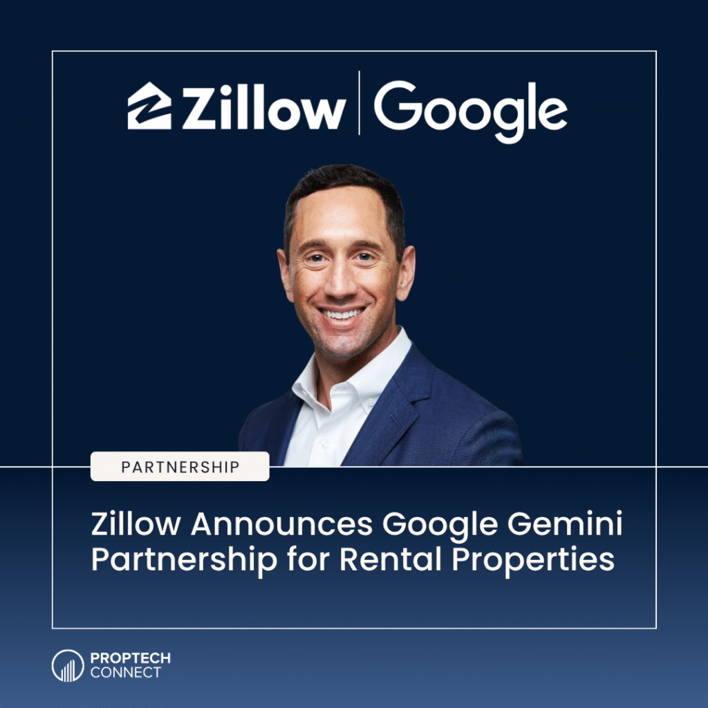 Zillow and Google partnership banner with a smiling man in a navy suit and the headline about rental properties partnership.