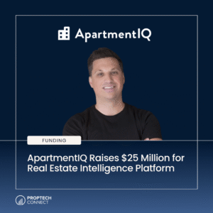 ApartmentIQ hero graphic with logo, a smiling man in a black shirt, a funding badge, and the headline about $25 million for a real estate intelligence platform.